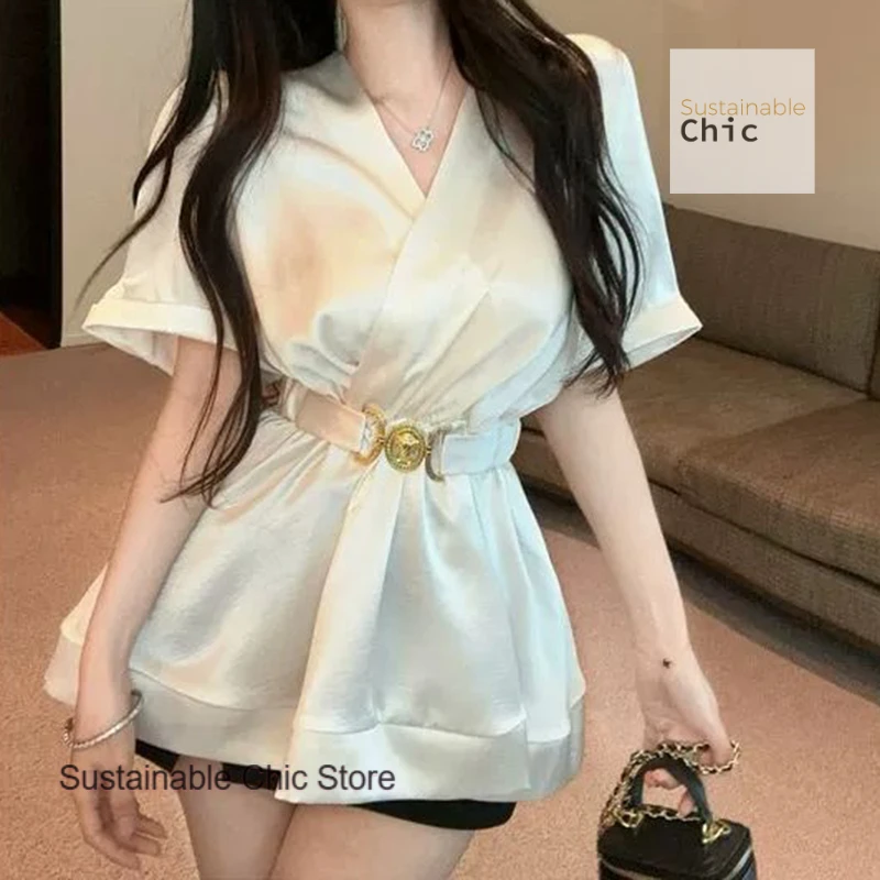 

French high-grade luxury acetic acid V-neck shirt female fashion temperament personality slim top summer new chic shirt