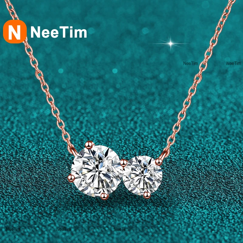 

NeeTim Full Moissanite Necklace for Women 2 Gems Luxury Pendant Lab Diamond Jewelry Sterling Silver 925 Party Wedding Chain
