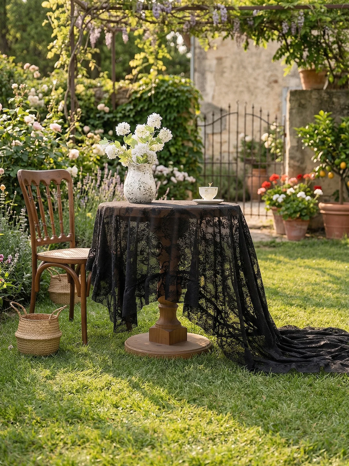 Retro Floral Embroidered Black Lace Tablecloth, Perfect for Garden Afternoon Tea & Wedding Events