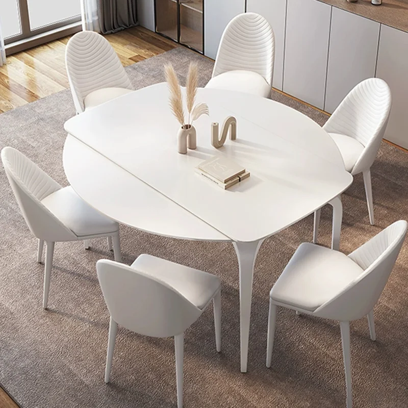 

Kitchen Cream Wind Pure White Rock Dining Table Fiona Fang Dual-purpose Telescopic Folding Mesa De Jantar Apartment Furniture