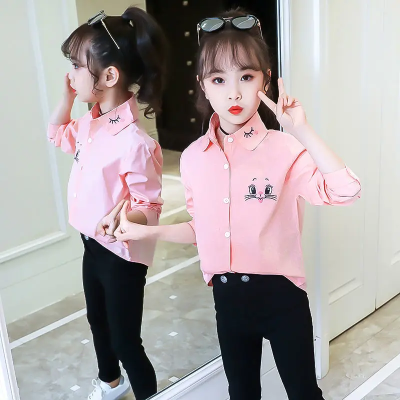 Spring Girls Students Shirts for Children School Uniforms Long Sleeve Teen Girls White Blouses Autumn Cat Embroidery Kids Tops