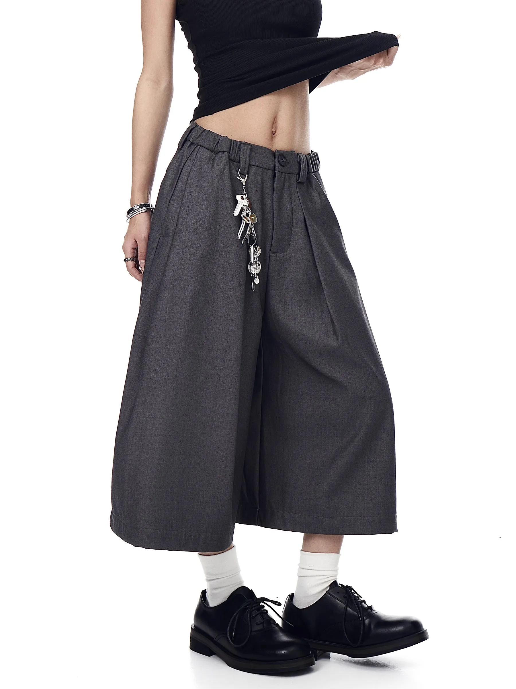 Mauroicardi Spring Summer Baggy Casual Black Grey Wide Leg Shorts for Men Elastic Waist Loose Calf-Length Pants Clothes 2025