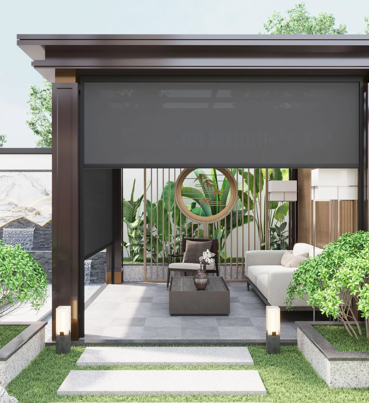 ستارة مقاومة للرياح، ستائر كهربائية مقاومة للماء للاستخدام الخارجي، شرفة غازيبو، عريشة خارجية من الألومنيوم، بمحركات خارجية