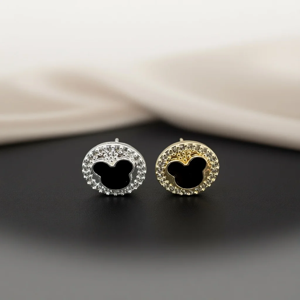 Round Cartoon Mouse Silhouette Stud Earrings Pave Zircon Halo Rim Enamel Inlay Cute Style Daily Casual Travel Jewelry