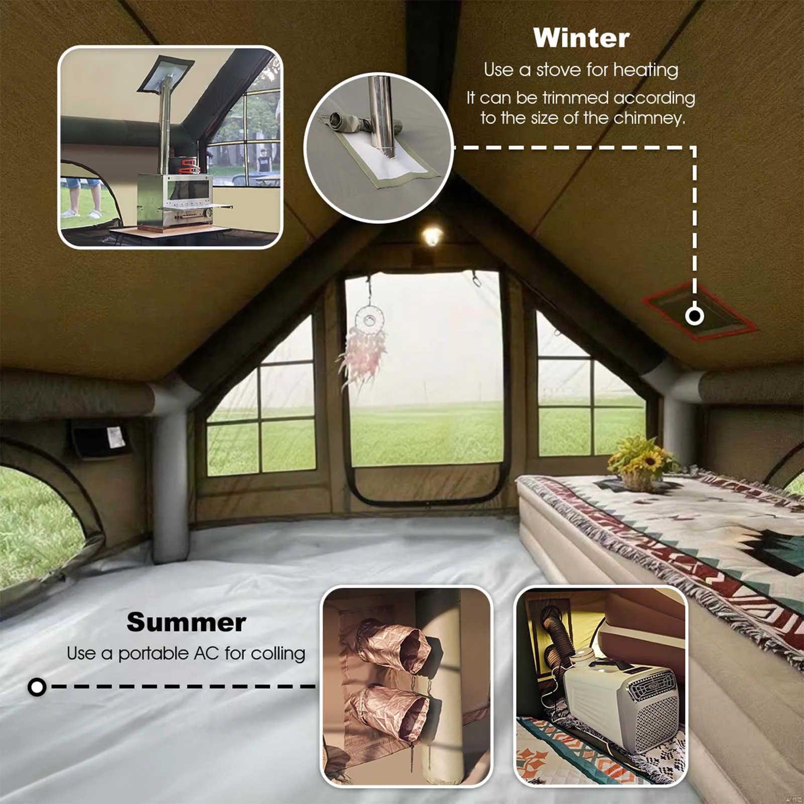 خيمة قابلة للنفخ باللون الأخضر العسكري مقاس 13 × 10 بوصة للتخييم، خيمة نفخ من قماش أكسفورد المقاوم للماء في 4 فصول مع فتحة مدخنة، فتحة تيار متردد