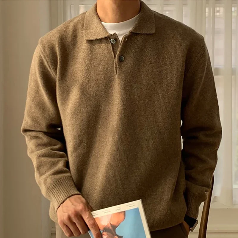 

Autumn Winter Men's Knitwear Sweater Long Sleeve Polo Shirts Jumper Vintage Solid Color Casual Button Lapel Sweater Pullover