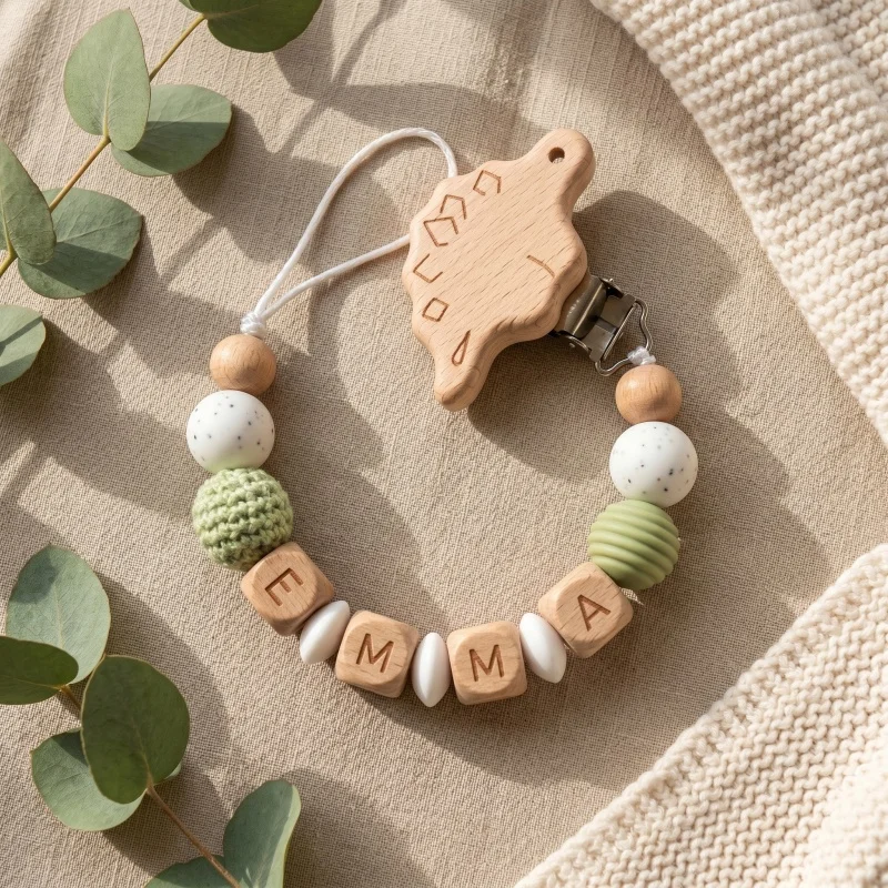 Gepersonaliseerde fopspeenclip met aangepaste naam, siliconen houten kralen, baby-bijtringketting, fopspeenhouder, BPA-vrij, kraamcadeau voor pasgeborenen