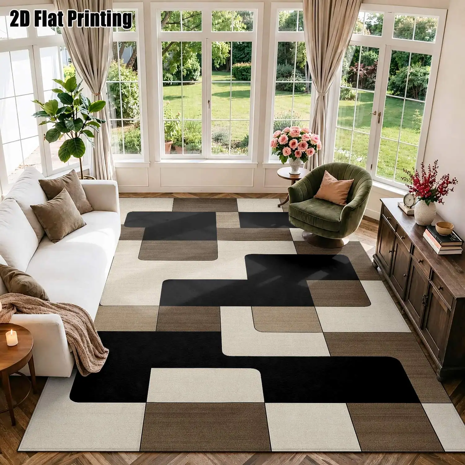 1Pc 2D Printed Black Brown Geometric Block Carpet, Nordic Modern Minimalist Vintage Instagram Style Floor Mat, Multiple Sizes, Machine Washable, for Entrance, Dining, Foyer, Living, Bedroom, Study Home Decoration