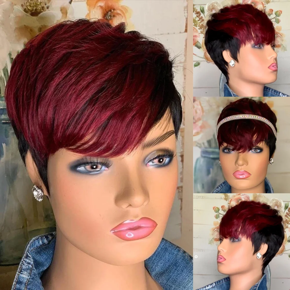 

CUZ of HAIR Ombre Black Burgundy Highlight Synthetic Short Straight Pixie Cut Hair Style Bob Wigs With Bangs For Black Women