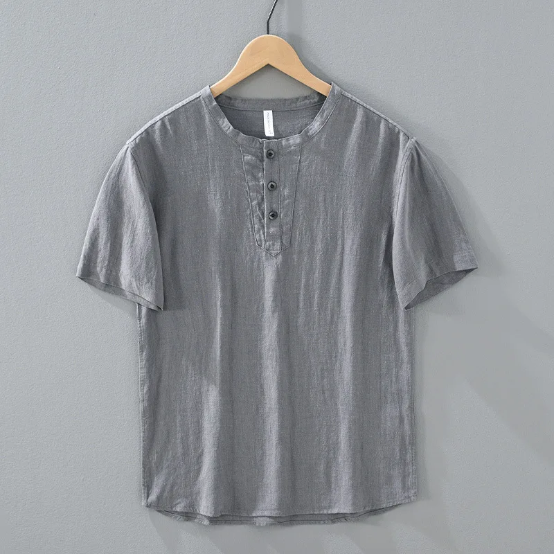 

Linen ort Sve T-irt Men's Summer Thin Retro Linen f Sve Overhead Pure Color Trendy Loose Fit Youthful ular