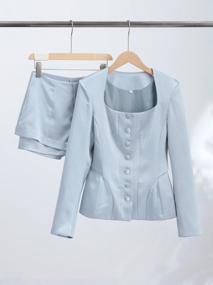 Casual Button Jacket Shorts Suit Women Solid Full Sleeve Square Collar Jackets Mini High Waist Short 2026 Autumn Set Lady New view 6