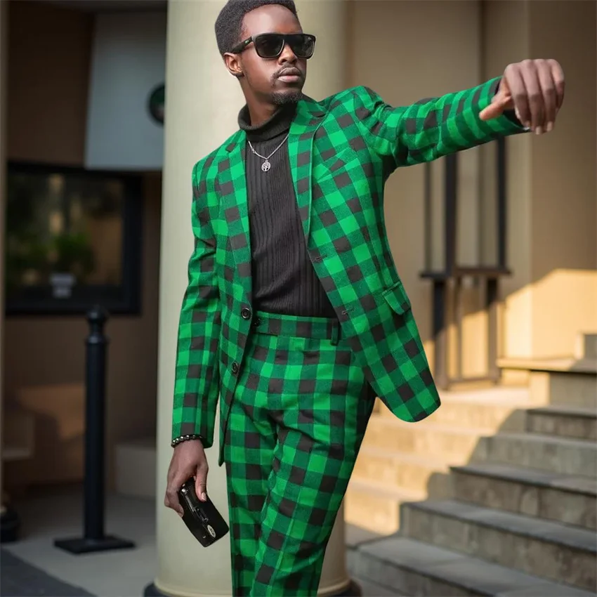 

Check Men's Suits for Prom Party Plaid Single Breasted Notch Lapel Wedding Tuxedo Set Blazer with Pants Customzied 2 Pieces