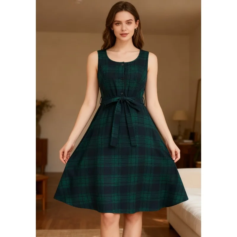 Vestido de talla grande 1XL-5XL nuevo a cuadros con cuello redondo para mujer falda larga elegante sin mangas a la moda para mujer