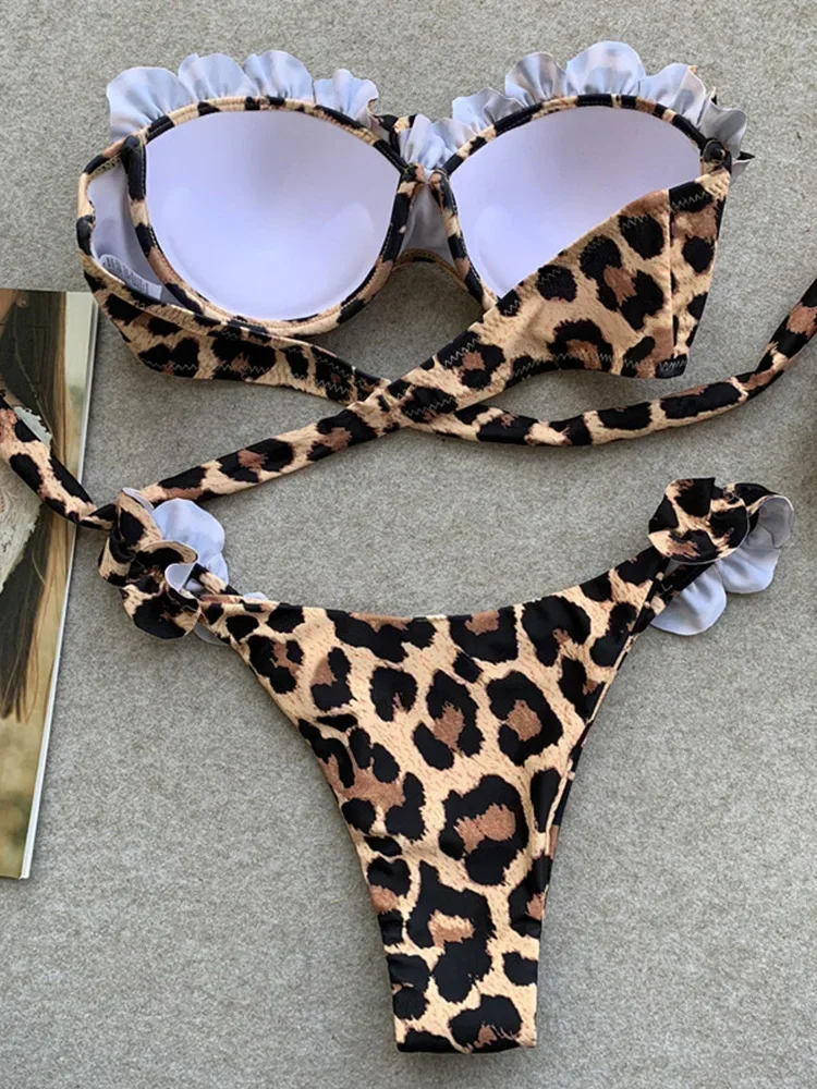 Sexy leopardo babados sutiã copo biquíni 2025 feminino bandeau maiô feminino banho de duas peças conjunto biquíni alta corte maiô nadar