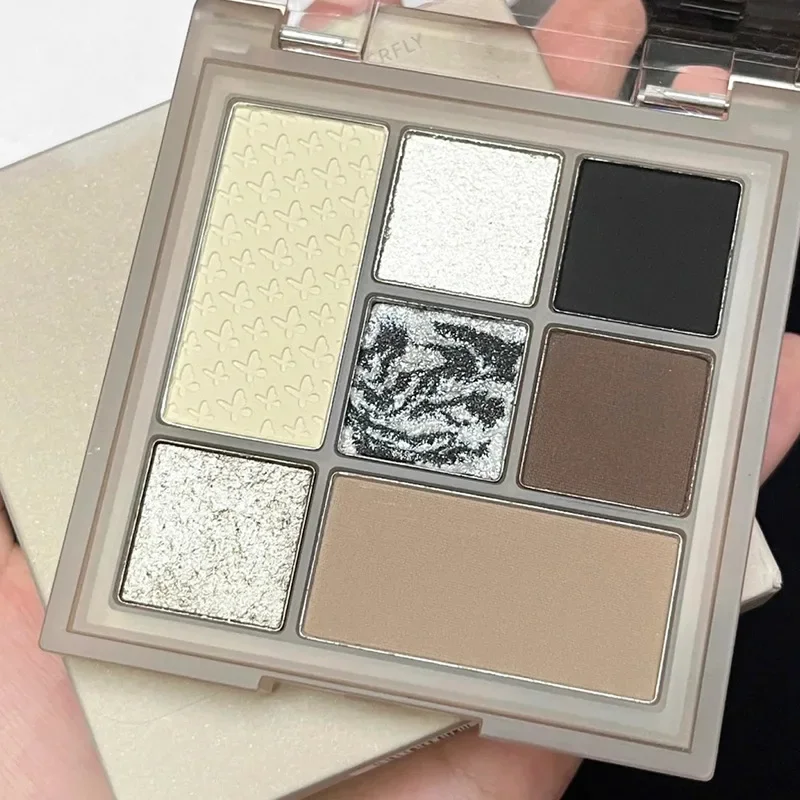 لوحة ظلال عيون مكونة من 7 ألوان، رمادي وبني محايد اللون الأرضي، ظلال عيون سموكي سوداء غير لامعة، لوحة مكياج عيون، مستحضرات تجميل