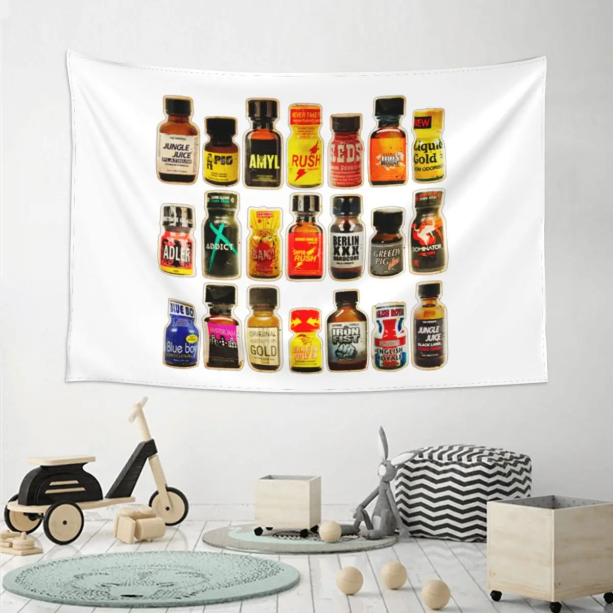 Poppers Bottles Gay Rush Jungle Juice Amyl Inhaler Tapestry Hippie Wall Hanging Aesthetic Home Decor Tapestries for Dorm Room