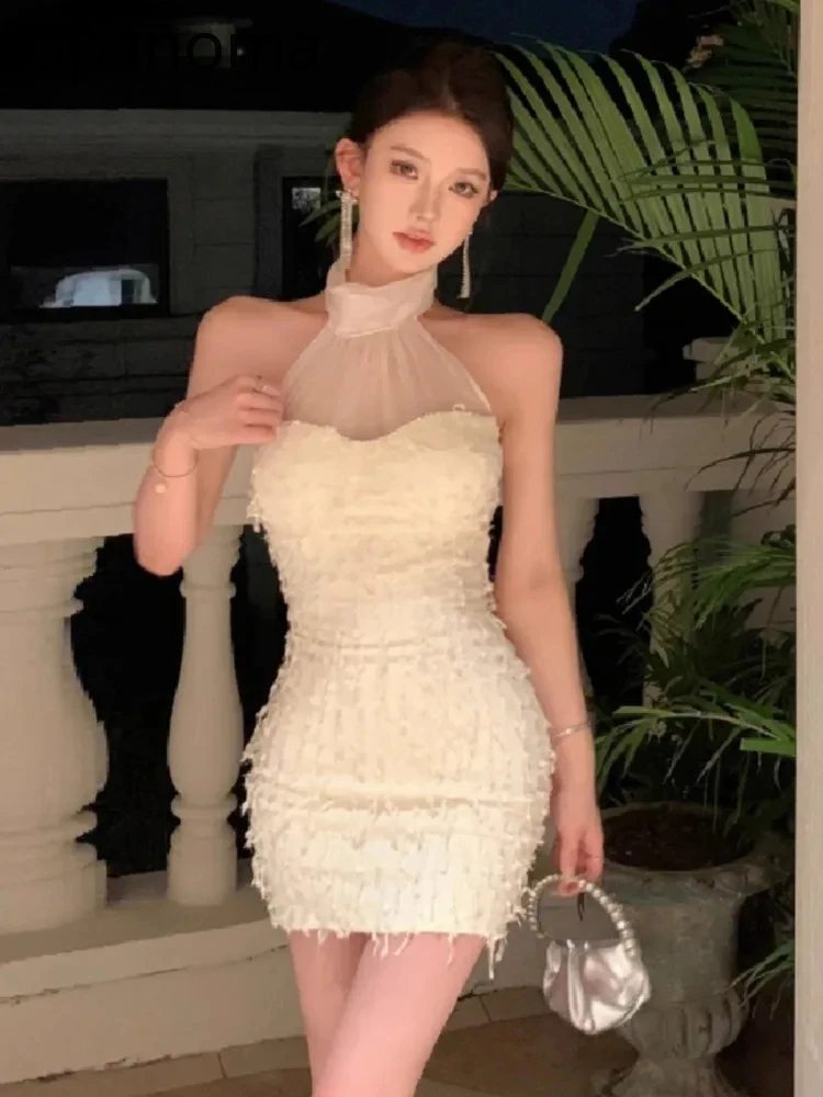 Topanoma Wedding Party Evening Dresses Women Mesh Patchwork Sleeveless Halter Slim Cocktail Mini Dress Birthday Club Elegant