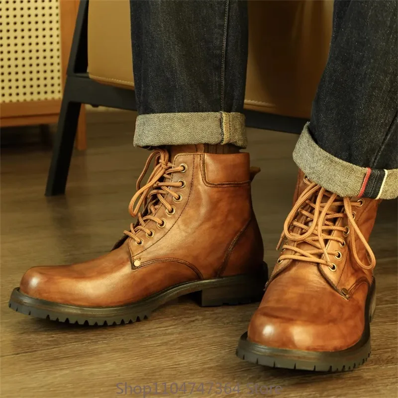 

British Retro Handmade Sewing Chelsea Motorcycle Boots Men's Shoes Thick Sole Casual High Top Work Ankle Boots Male Breathable