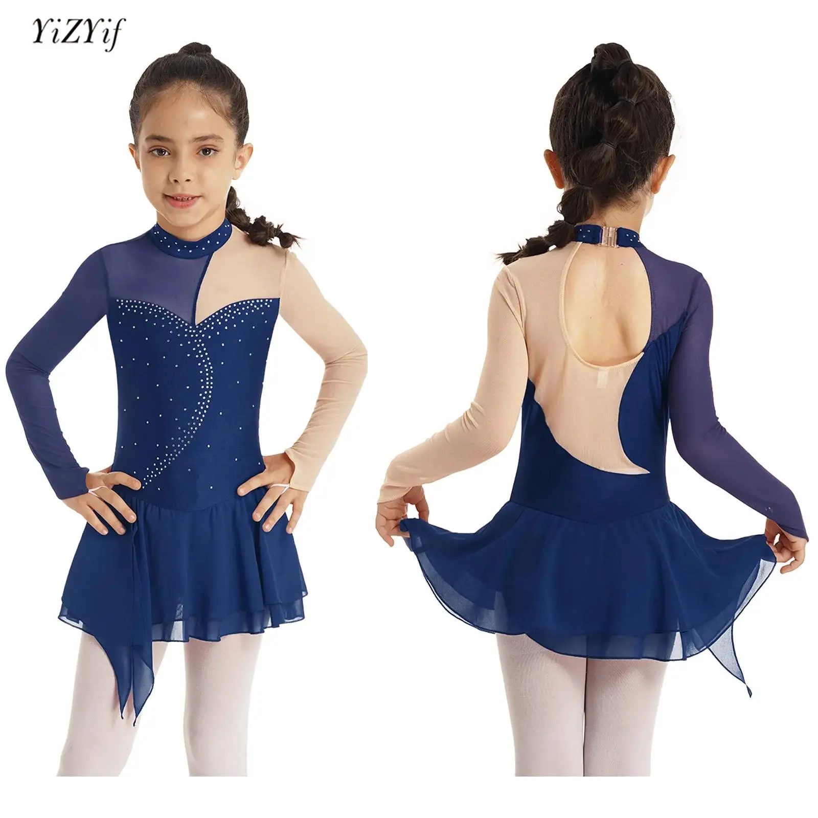 

Kids Girls Gymnastic Ballet Leotard Tutu Dress Long Sleeve Round Collar Ballerina Dancewear Figure Ice Skating Dance Costume