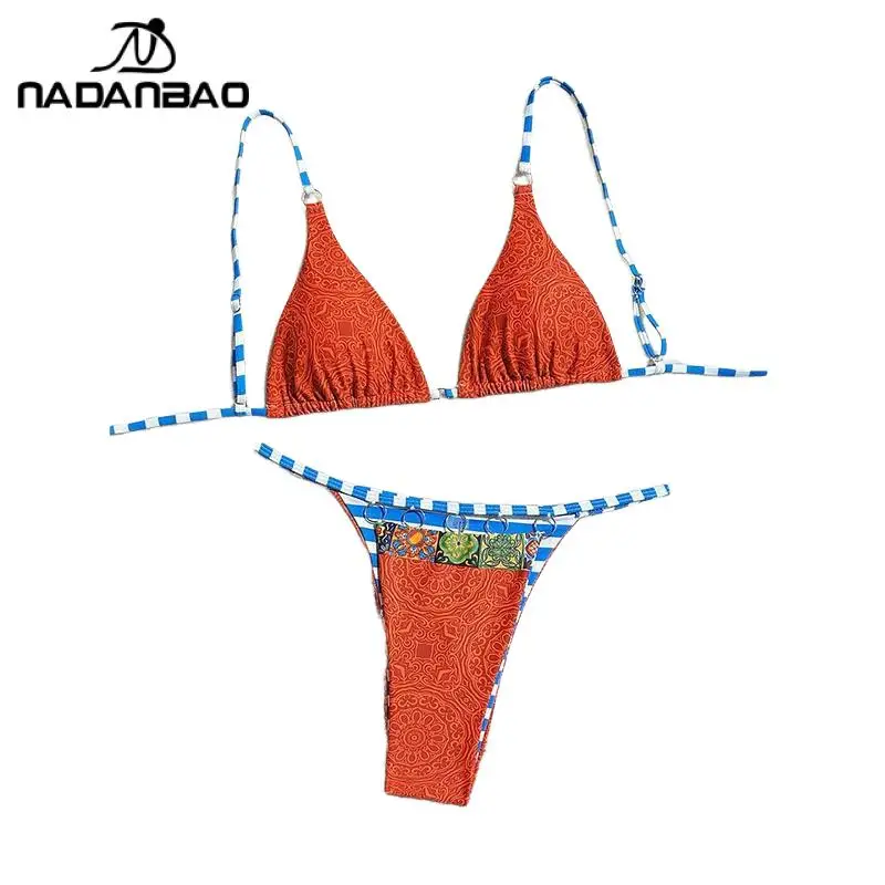 Nadanbao Sexy Print Schnür-Bikini, 2-teiliges Set, Bikini, modisch, V-Ausschnitt, Dreieck, Tanga, Bademode, Strand, lässiger Badeanzug, Sommer