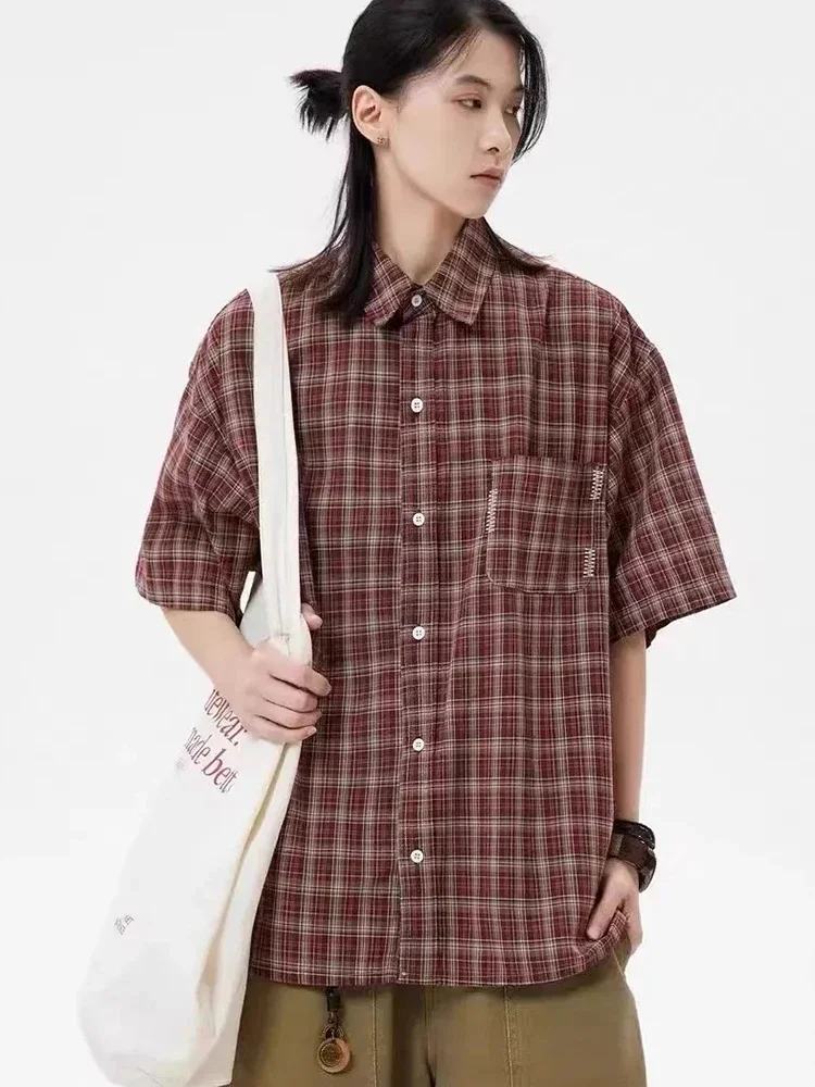 Koszula w kratę Harajuku Y2K damska streetwear oversize krótki rękaw retro bluzka japońska luźna kieszeń Bf letnia uniwersalna vintage top