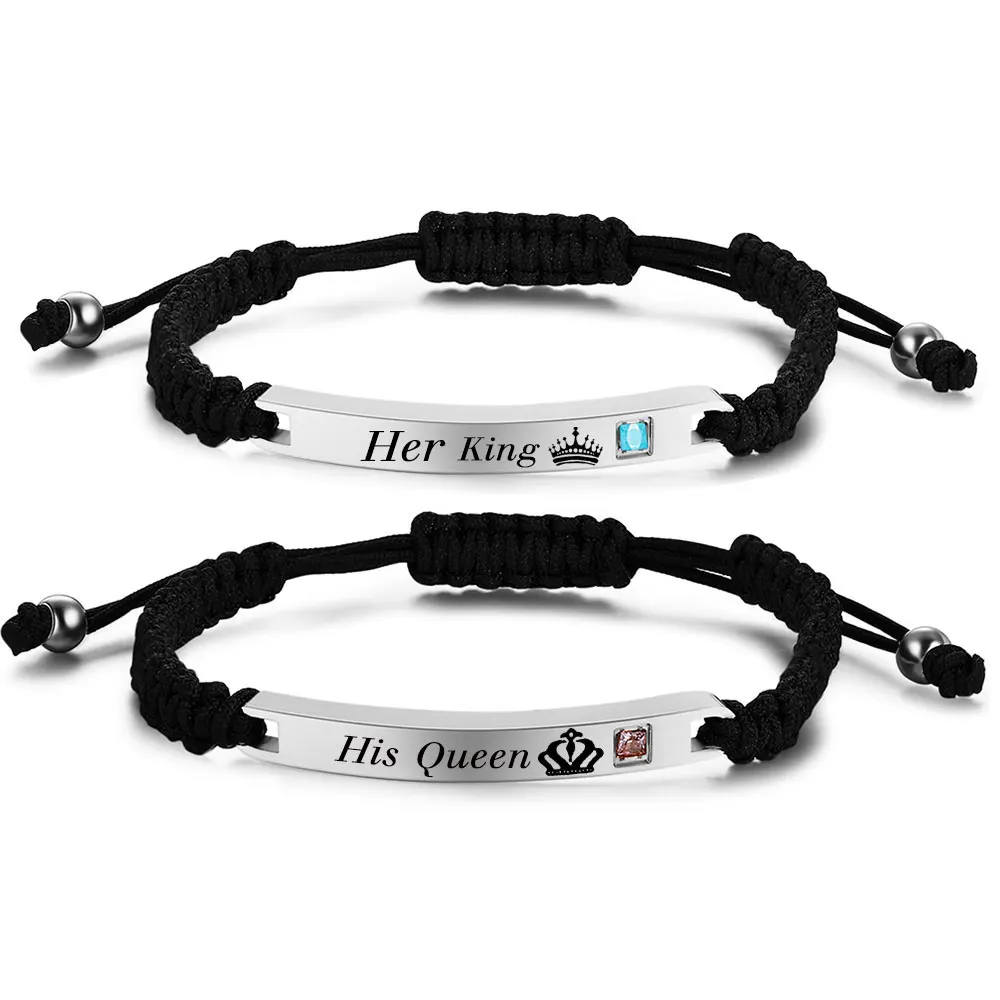 Bracelet de couple en nylon personnalisé pour hommes et femmes, ULréglable tressée, nom personnalisé, date, acier inoxydable, cadeaux pour les