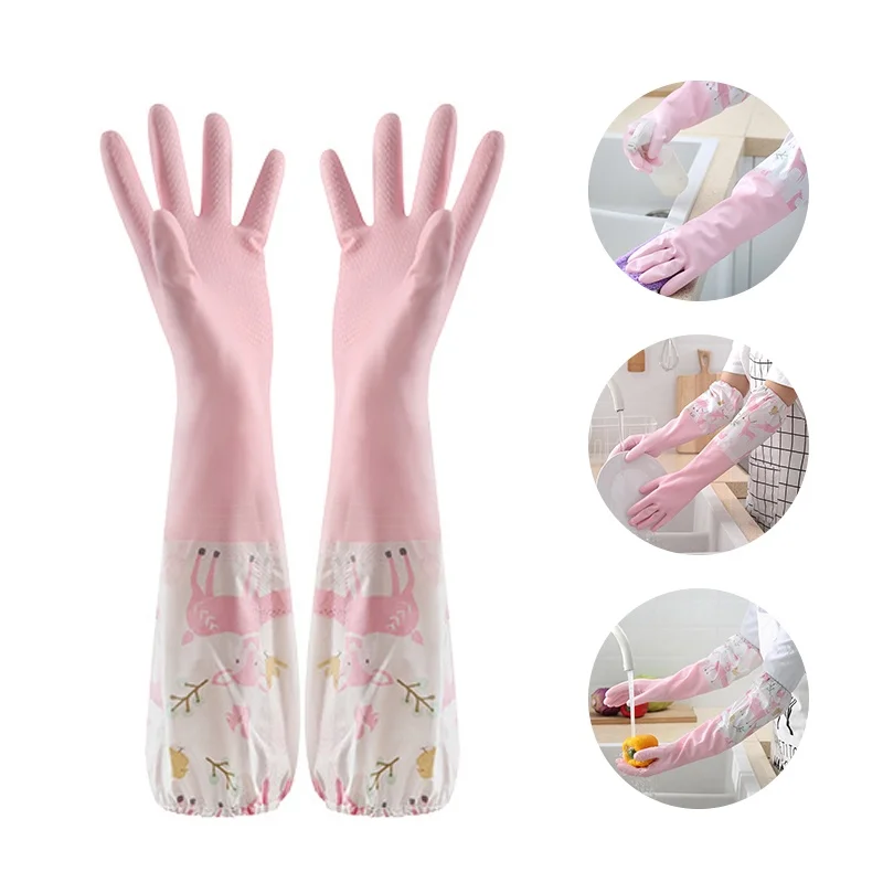 Dishwashing Gloves Rubber Waterproof Household Chore Splicing Sleeve Gloves Plush Elastic Band Mouth Rubber Durable Gloves