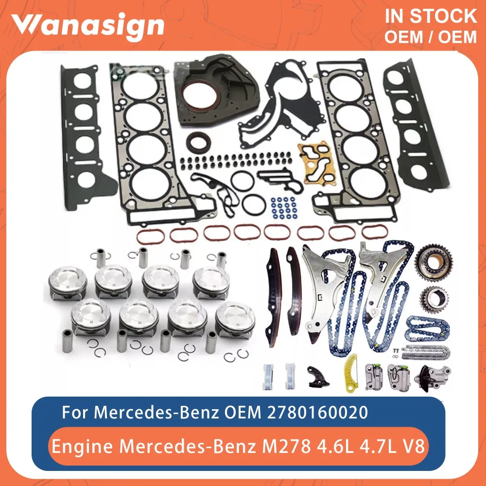 Engine Full Gasket Kit Timing Chain Kit & Pistons Fit 4.6 4.7 L For Mercedes-Benz W221 W222 E500 E550 278 M278 4.6L 4.7L V8 GAS