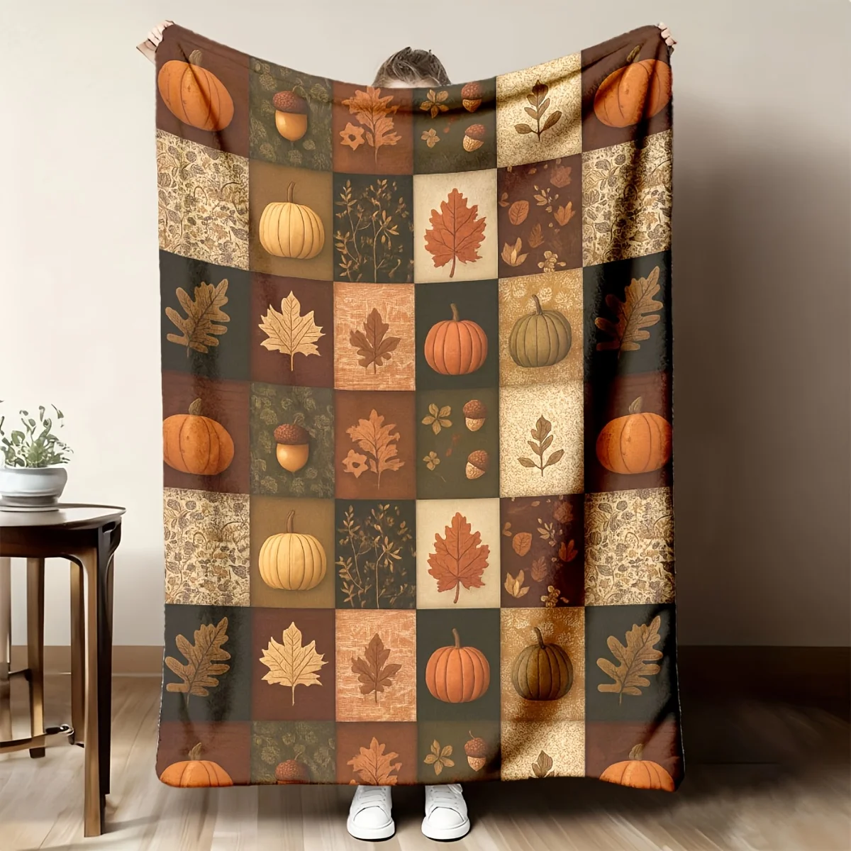 1pc Fall Vintage Patchwork Throw Blanket Autumn Pumpkin Maple Leaf Print Soft Flannel Blanket for Home Couch Bed Decor