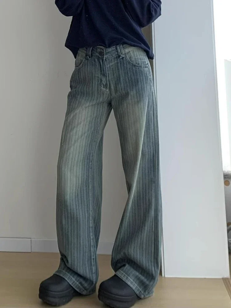 Y2k Vintage Women Streetwear Striped High Waist Design Denim Pant Casual American Hip Hop Harajuku Wide Leg Trousers Women Jeans