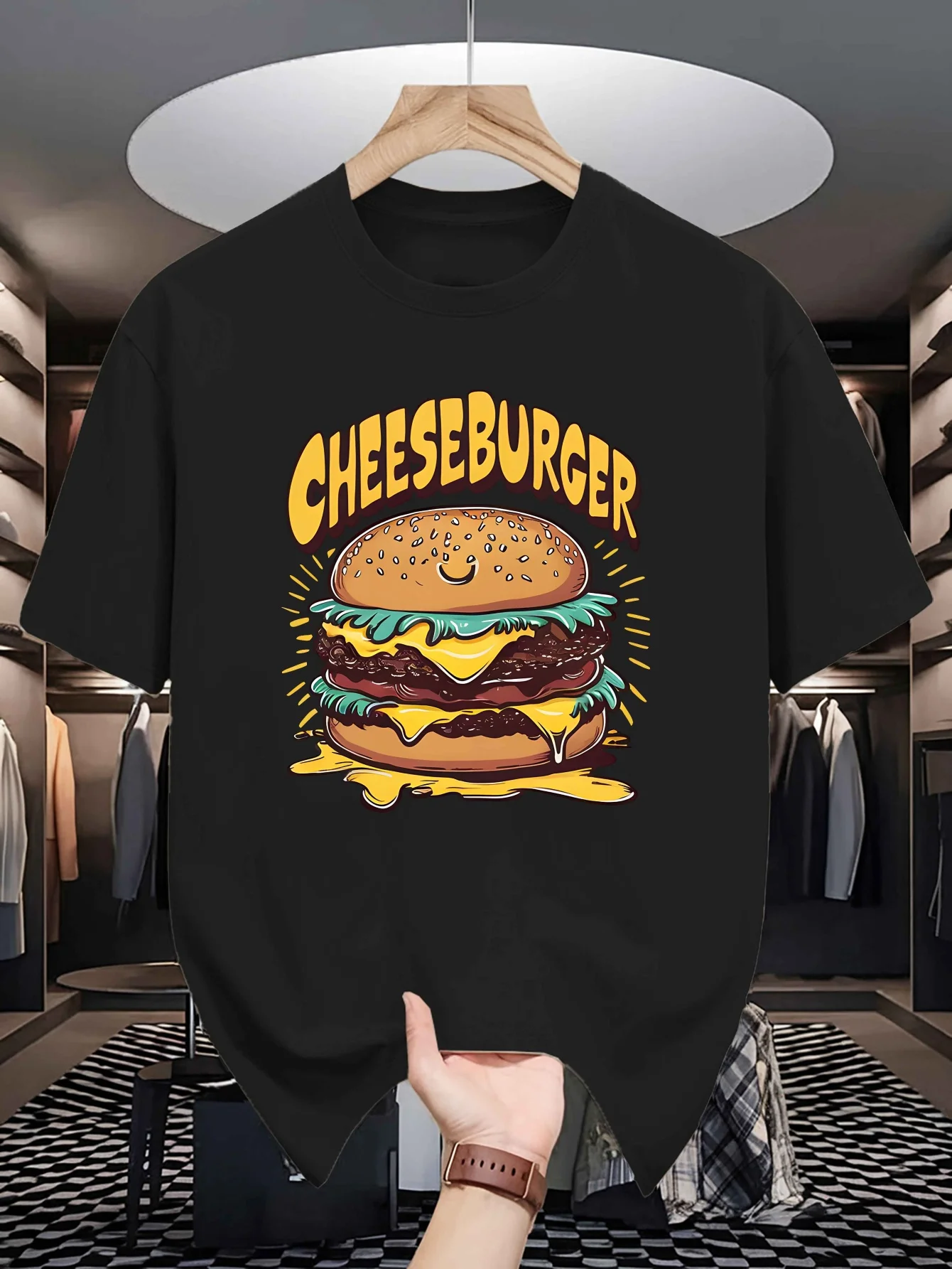 Mens Crew Neck T Shirt Retro Cheeseburger Cartoon Art Graphic Short Sleeve Casual Cotton Fast Food Hobby Lover Daily Tees