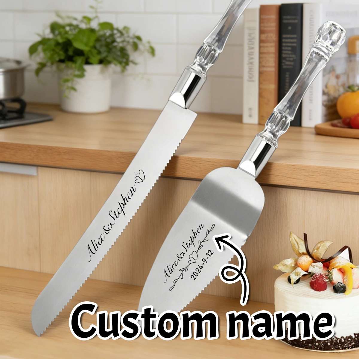 2Pcs Custom Name/Date Crystal Handle Cake Cutting Set For Wedding, Personalized Engraving Name Stainless Steel Cake Knife, ,