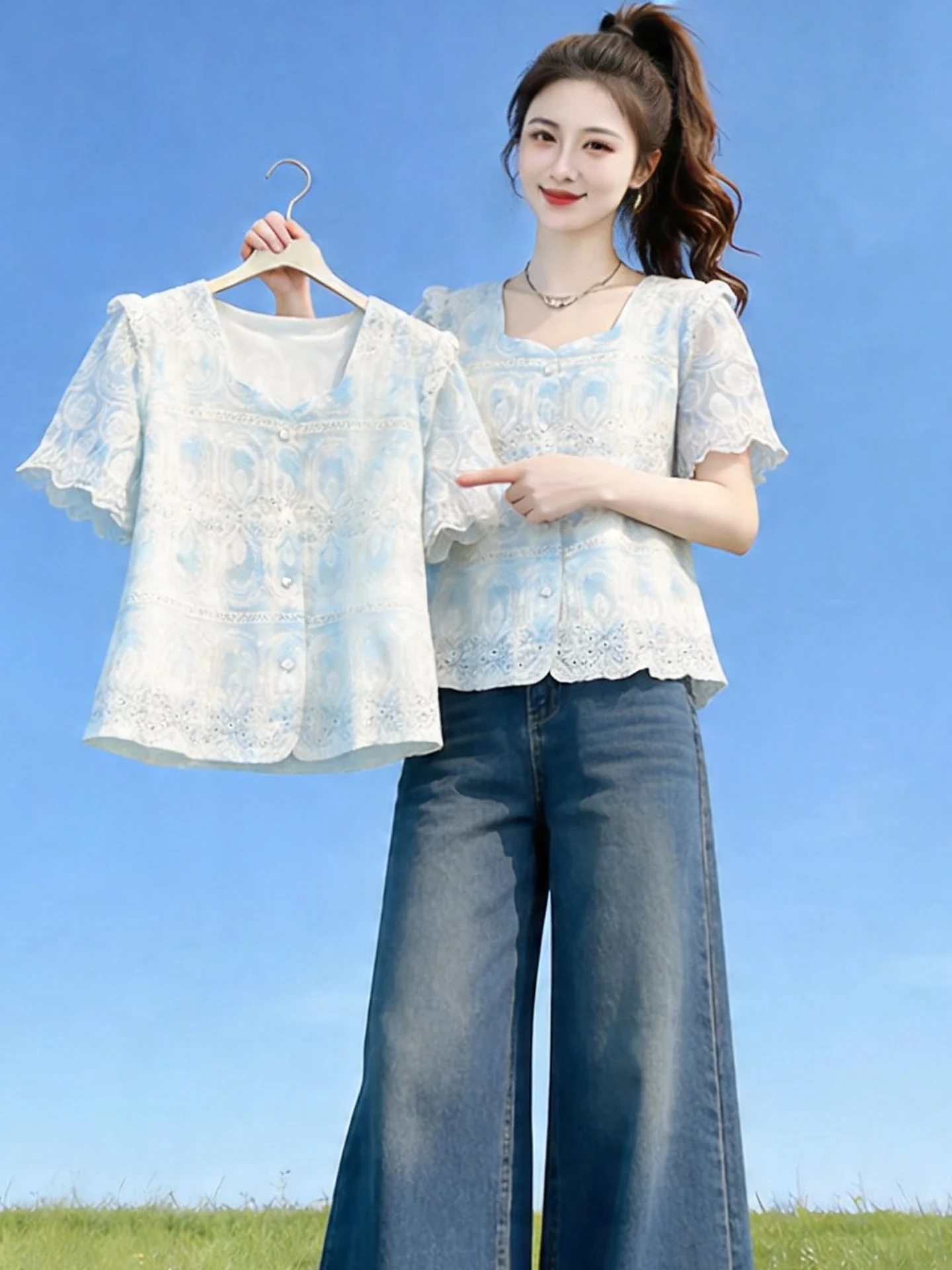 

Heavy Embroidery Short Sleeve V-Neck Babydoll Shirt Lace Trim Summer Youthful Floral Print Chiffon Top for Women