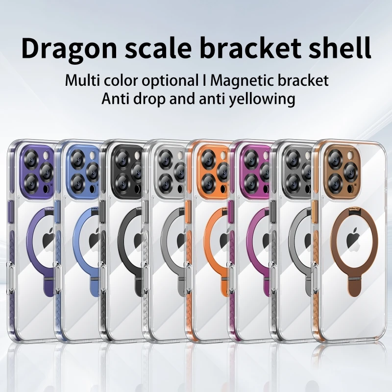 Luxury Bronze Gold Stand Holder phone case for iphone 16 15 14 13 12 pro max 15 16  plus Transparent pc Magsafe Magnetic Cover
