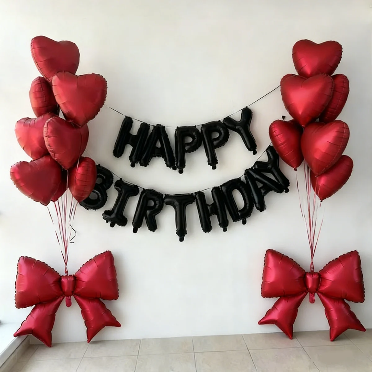 Schwarzes Happy Birthday-Ballon-Set, rotes Herz, Ballon, Schleife, Aluminiumfolie, Ballon für Geburtstagsparty-Dekoration, Fotografie-Requisiten