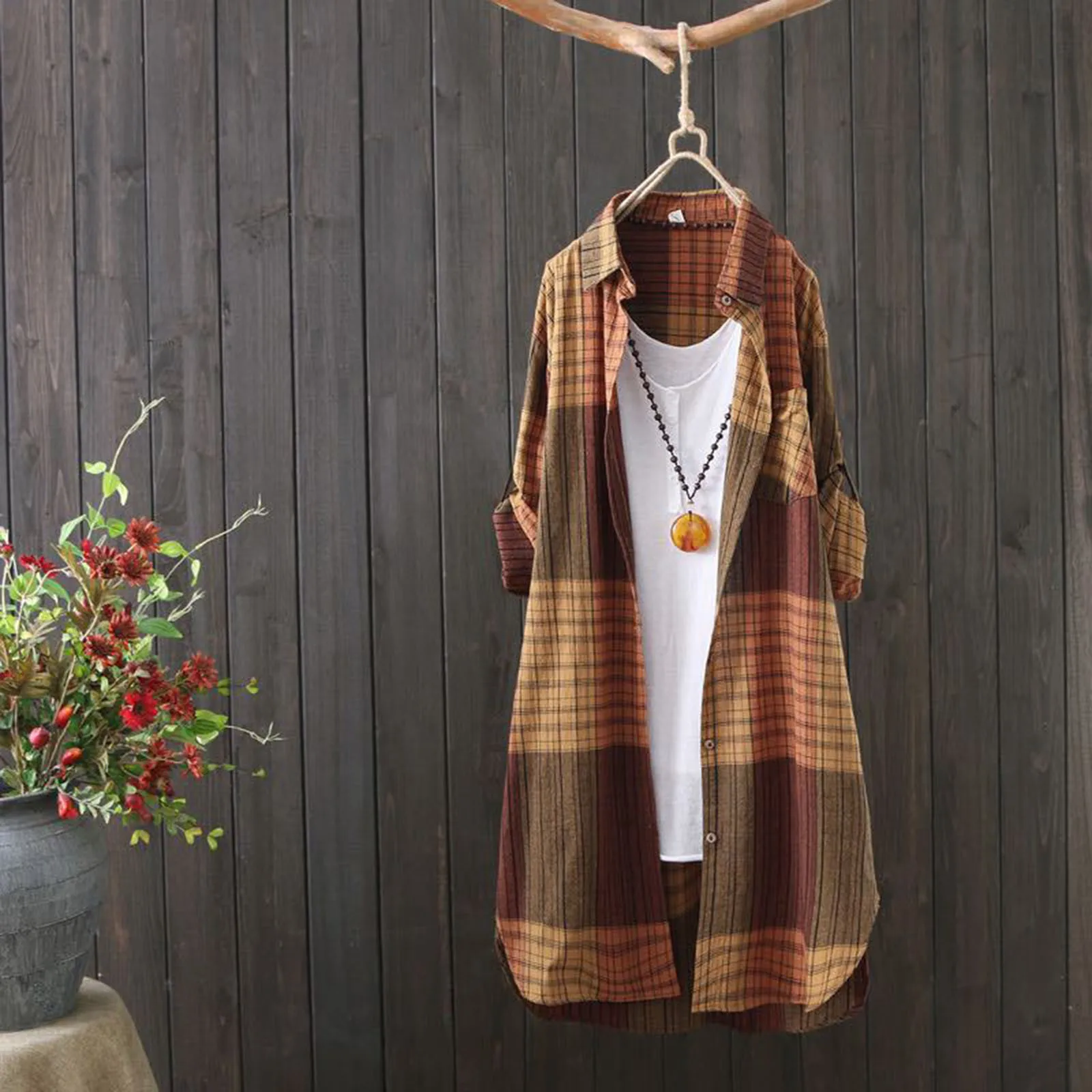 Women'S Casual Fashion Mid-Length Shirt Plaid Lapel Loose Button Cardigan Thin Jacket Shirt Top Suitable For Spring And Autumn