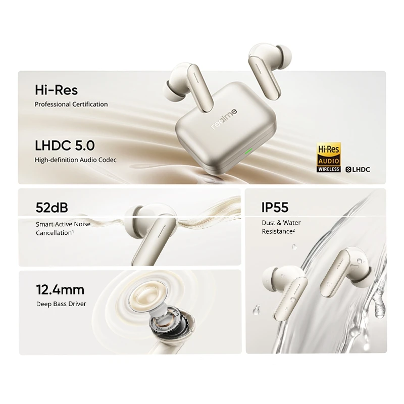 글로벌 버전 리얼미 버즈 에어 7 이어폰 블루투스 5.4 하이 레졸루션 LDAC 52dB 노이즈 감소 2.0 무선 헤드폰 버즈 에어7