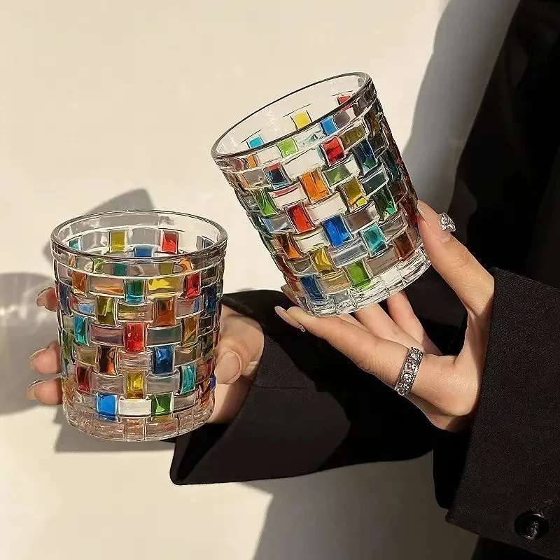 Blingbling Beer Glass Refracts Rainbow Light Antique Glass Ins Hand Drawn Square Grid Woven Glass Water Cup Juice Party Cup