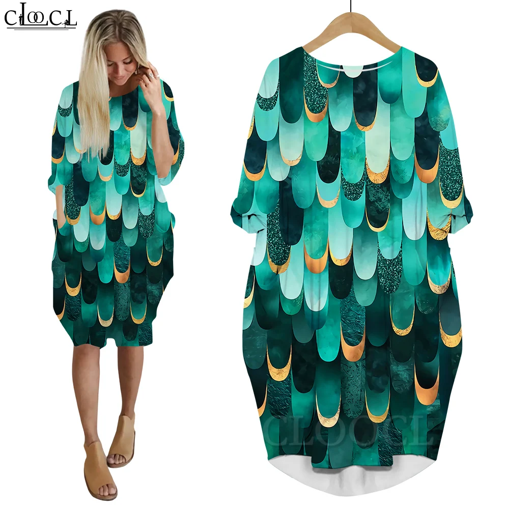 

CLOOCL Women's Dress Fashion Autumn New Slimming Loose Fashion Robe Cartoon Scale Print Long Sleeves Crew Neck Oversized Dresses