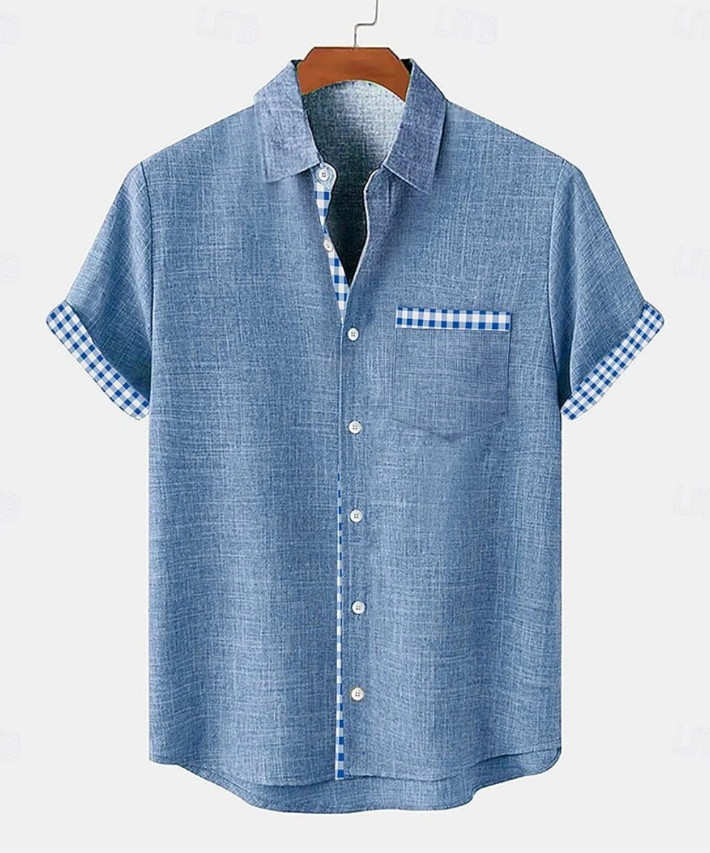 

Men's simple linen shirt, Hawaiian casual vacation style, short-sleeved collared pocket shirt, high-quality men's top.