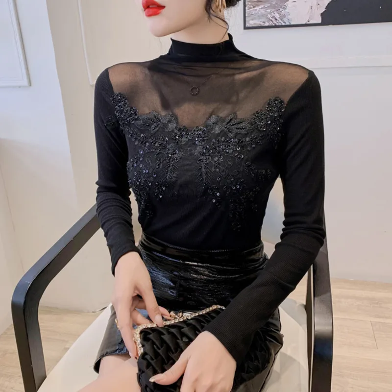 

#4250 Black Turtleneck T Shirt Women Sexy Perspective Spliced Mesh Tight T-shirt Ladies With Sequins Embroidery Korean Style