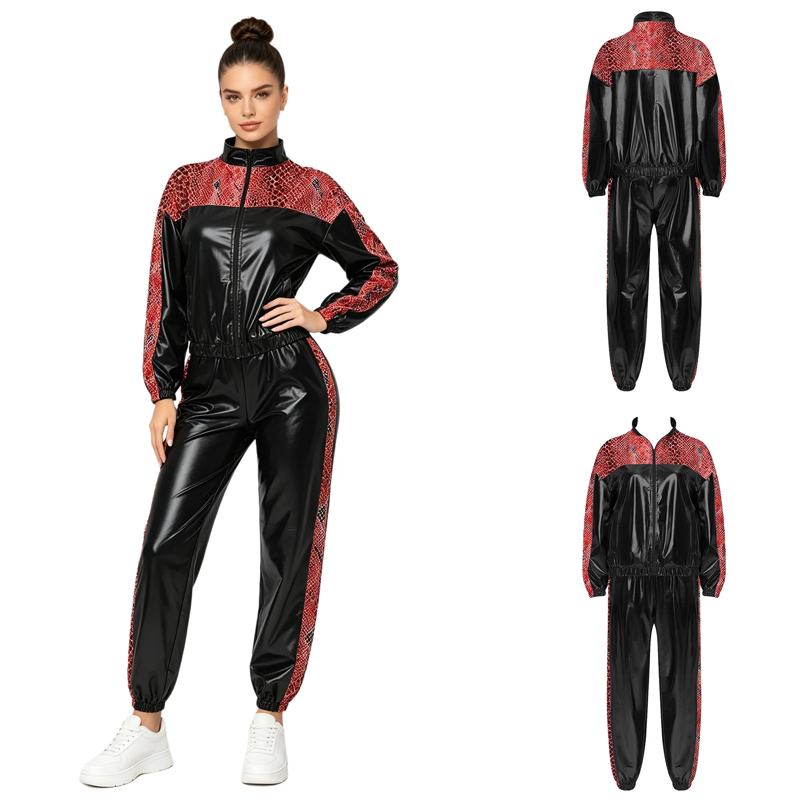 Women Dancing Sports Metallic Outfit Long Sleeve Zipper Jacket Outerwear And Jogging Pants for Disco Hip Hop Modern Street Dance