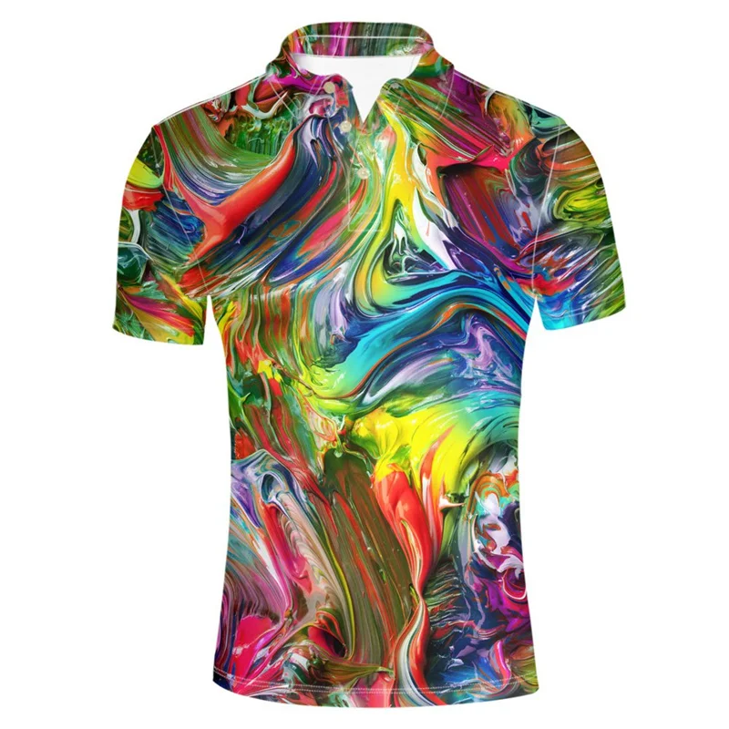 Colorful Pigment 3d Print Polo Shirt For Men Cool Loose Short Sleeves Summer Casual Street Button Lapel Tees Oversized T-Shirt