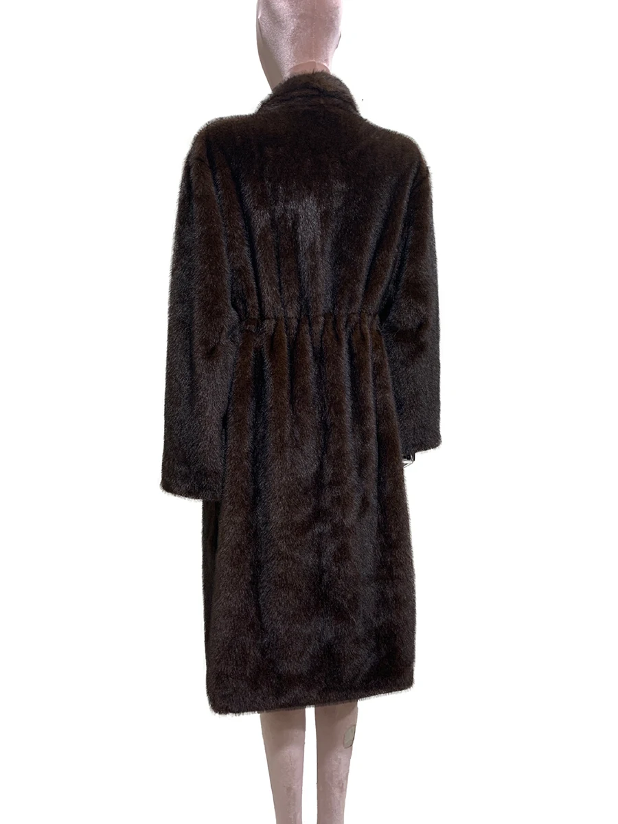 

Nerazzurri Autumn Winter Long Luxury Thick Warm Fluffy Faux Mink Fur Coat Women Drawstring Waist Shawl Colalr Furry Overcoat