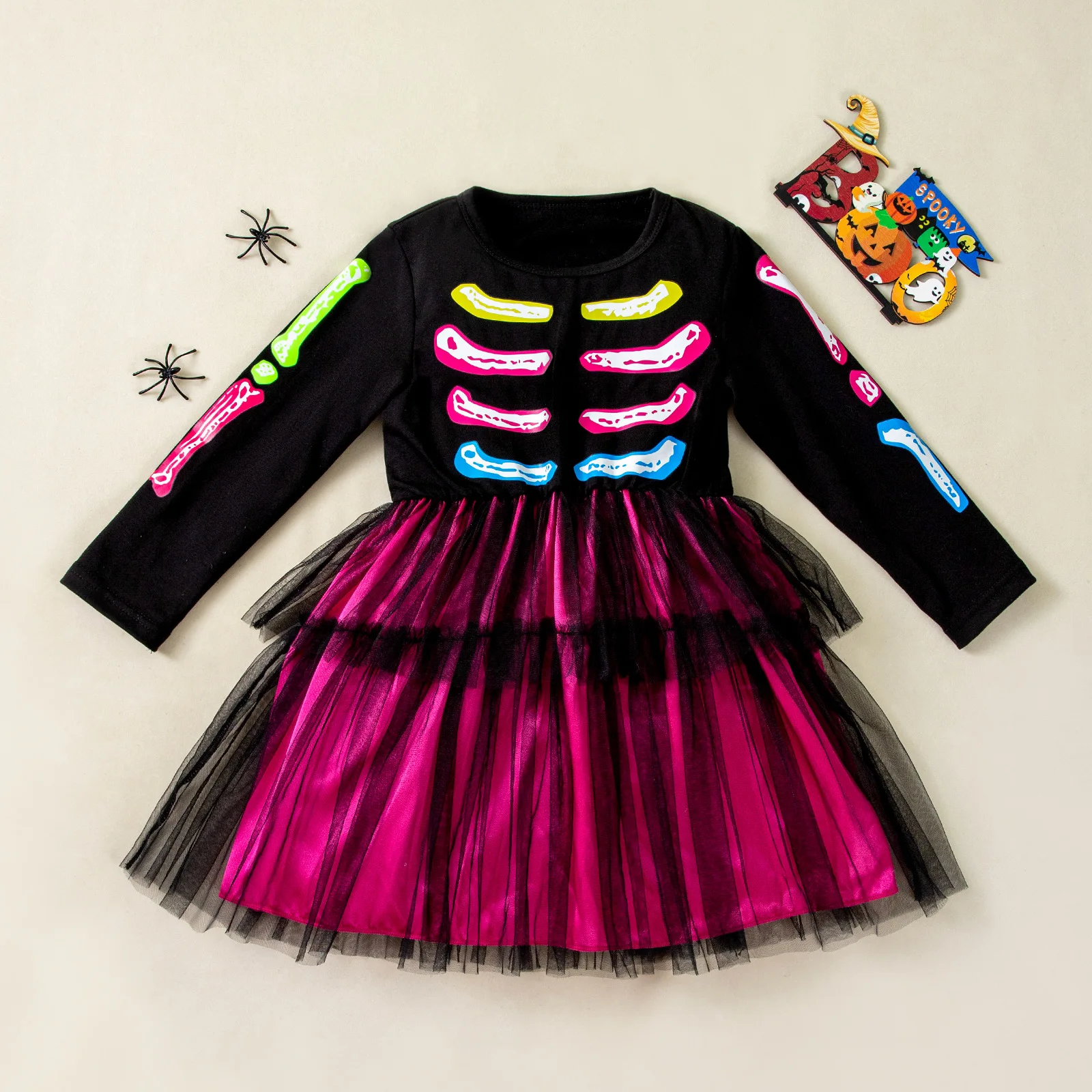 

Tregren Little Toddler Girl Halloween Dress Skeleton Pattern Crew Neck Long Sleeve A Line Mesh Dress