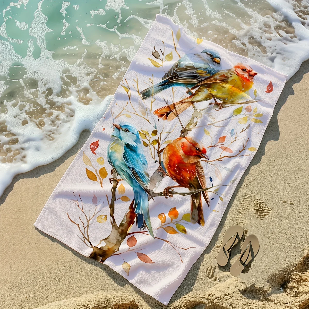 Watercolor A bird perches on a branch polyester microfiber beach towel is highly absorbent, suitable swimming and beach outings