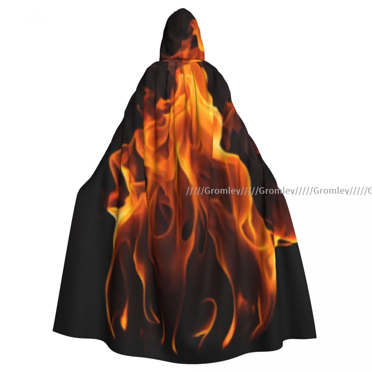 Medieval Halloween Cosplay Cloak Hooded Coat Fire Flame Print Cape Coat Long Trench Costume Wizard Cloak