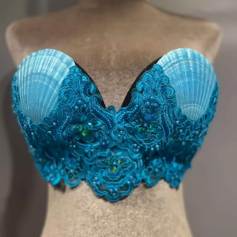 Personalizado sereia princesa vieira peito natural concha sutiã pérola sereia desempenho traje de dança do ventre