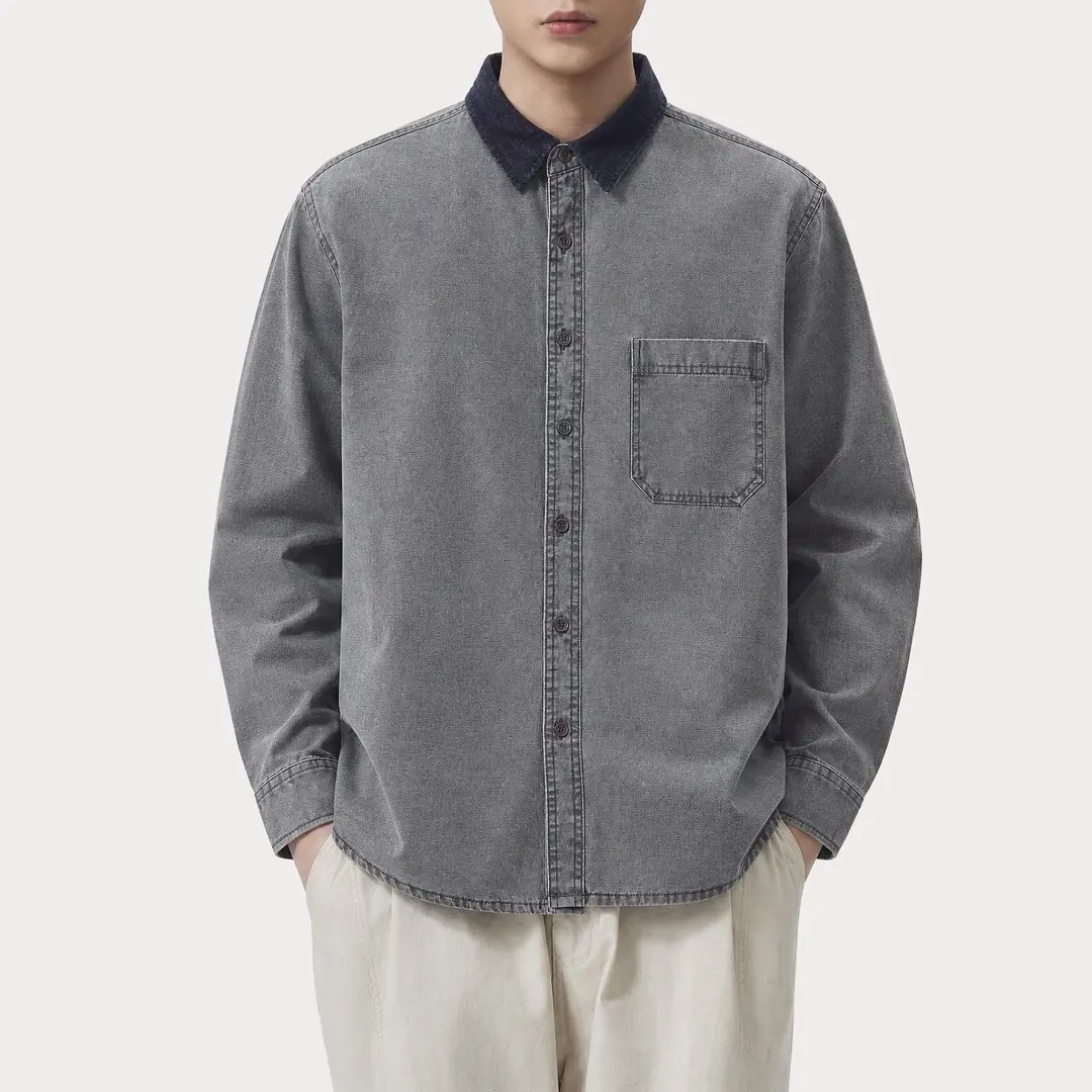 Men American Vintage Washed Cotton Loose Casual Long Sleeve Cargo Shirt Splice Fashion Streetwear Blouses Cardigan Shirts Tops