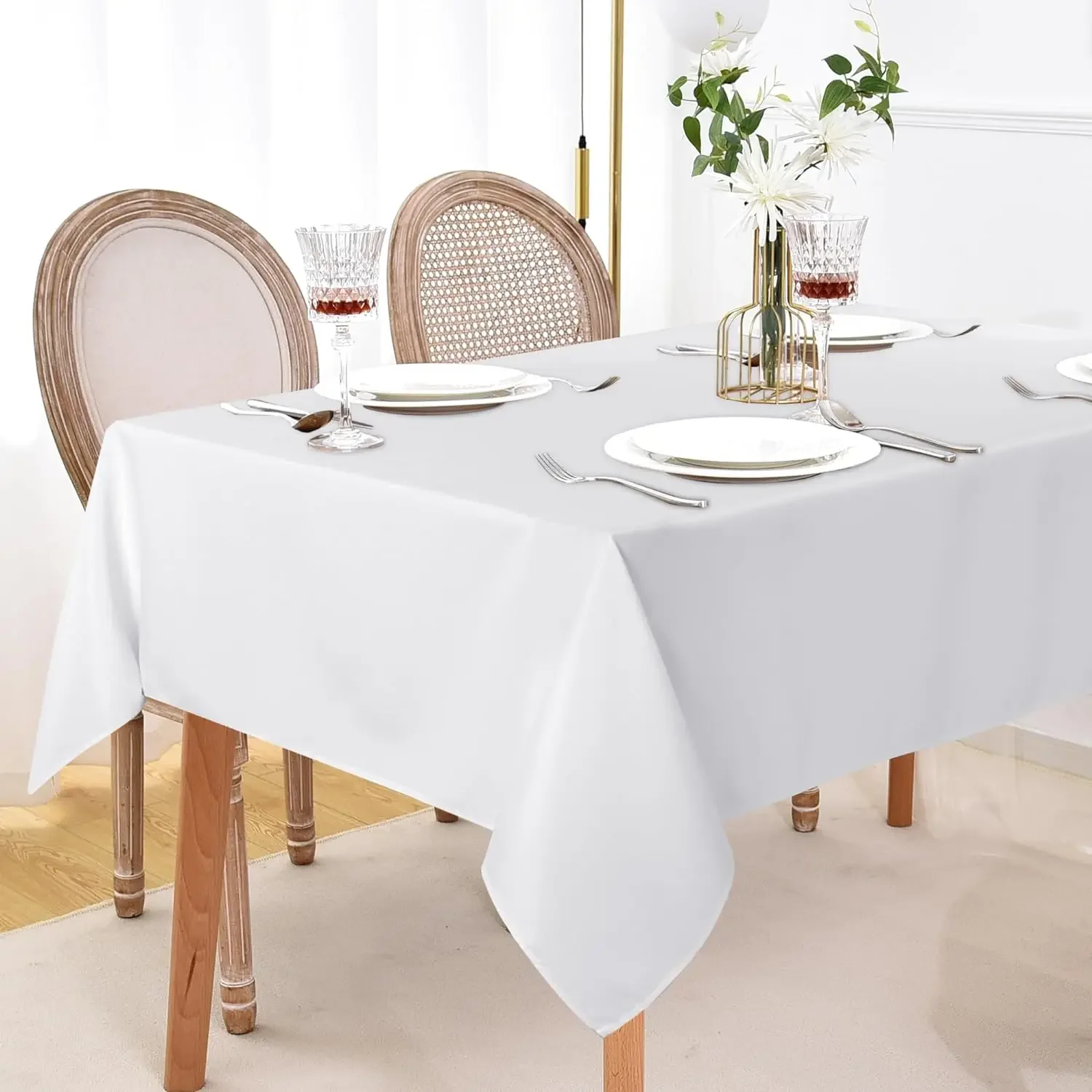 

Polyester White Tablecloth Stain Wrinkle Rectangle Washable Table Cover Resistant for Dining Wedding Banquet Party Buffet Restau